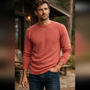 Taylor Stitch Men's Orange Organic Cotton Waffle Crew Neck Long Sleeve Shirt 38